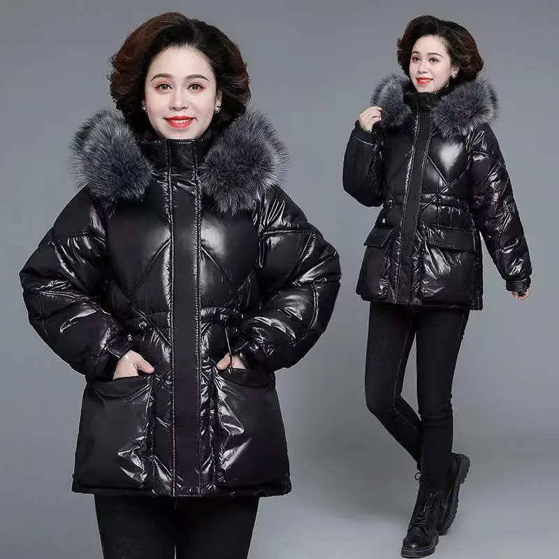 Jaket bertudung untuk wanita, jaket katun musim gugur musim dingin 2023baru modis tebal longgar Glossy kerah bulu warna hitam 4XL pakaian luar wanita