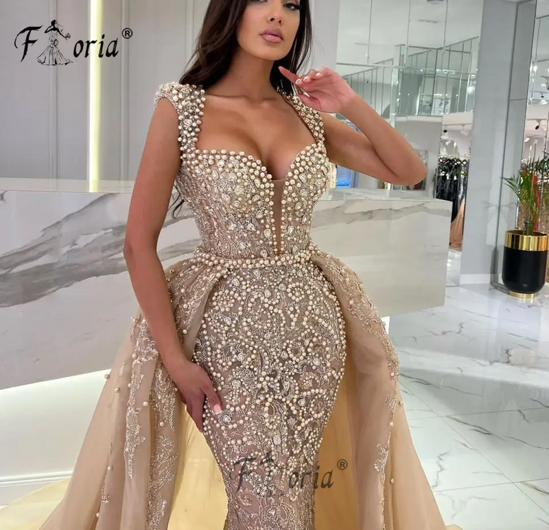 Dubai gaun malam putri duyung sampanye glamor dengan gaun pesta pernikahan manik-manik mutiara kereta lepas pasang untuk wanita dibuat sesuai pesanan