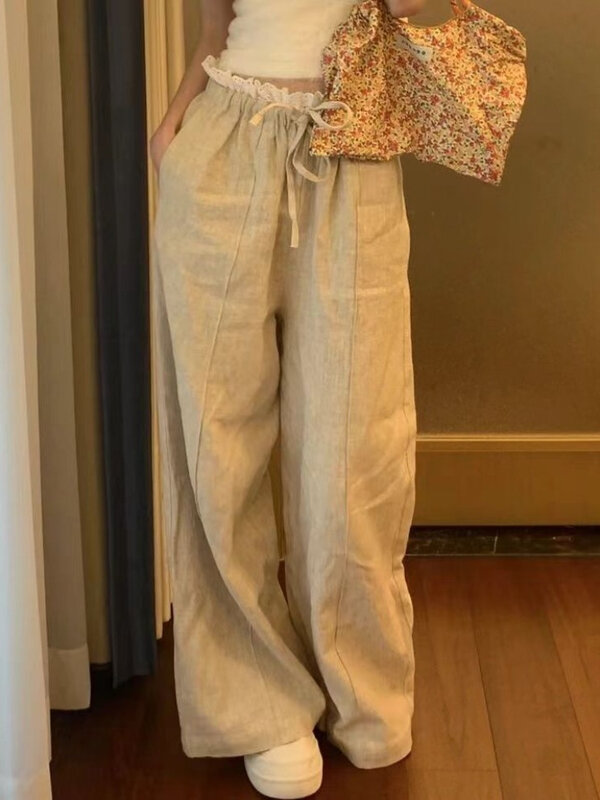 Женские широкие брюки в Корейском стиле Deeptown, винтажные Элегантные повседневные милые кружевные свободные брюки в стиле пэчворк, шикарные Дизайнерские летние брюки 2024