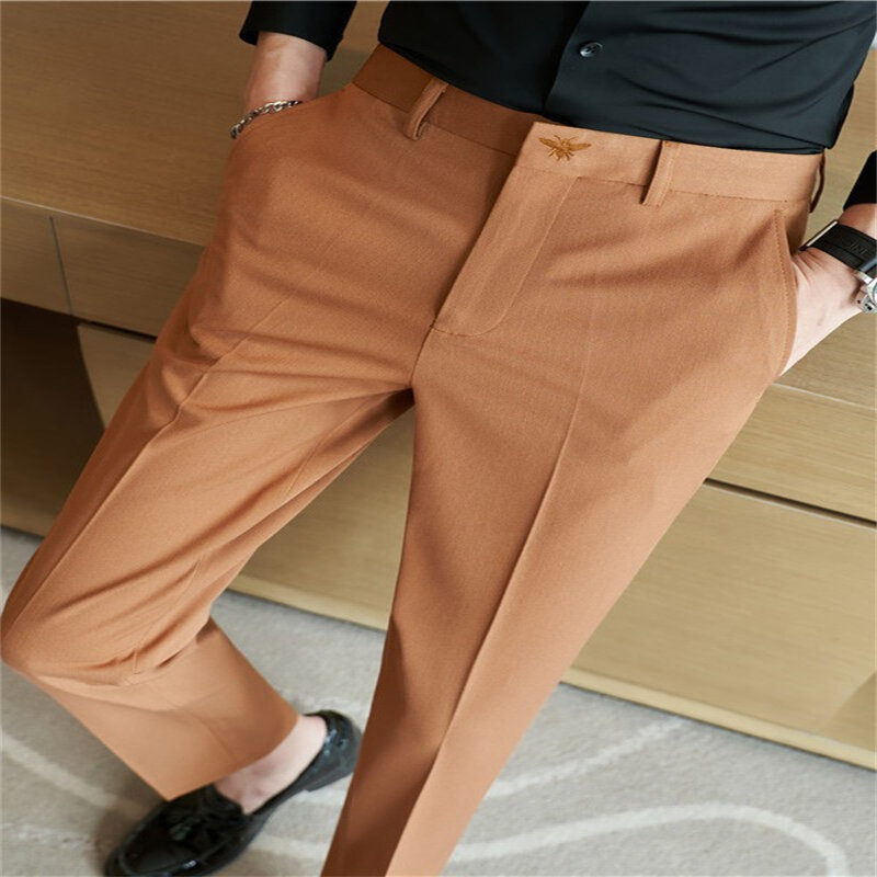 Pantaloni da uomo ricamati di alta qualità pantaloni da lavoro Casual elastici in tinta unita pantaloni slim da festa di nozze abbigliamento da uomo