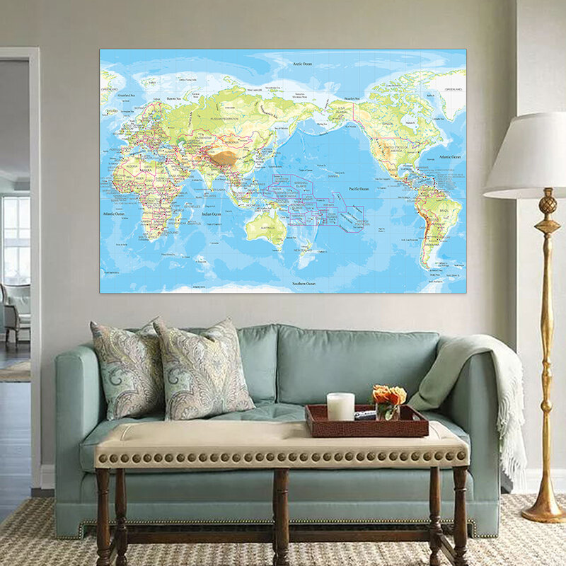 5x7ft Large World Map of Topography Office Supplies Detailed Poster Wall Chart Topography Map Non-woven Map Wallpapers for Decor