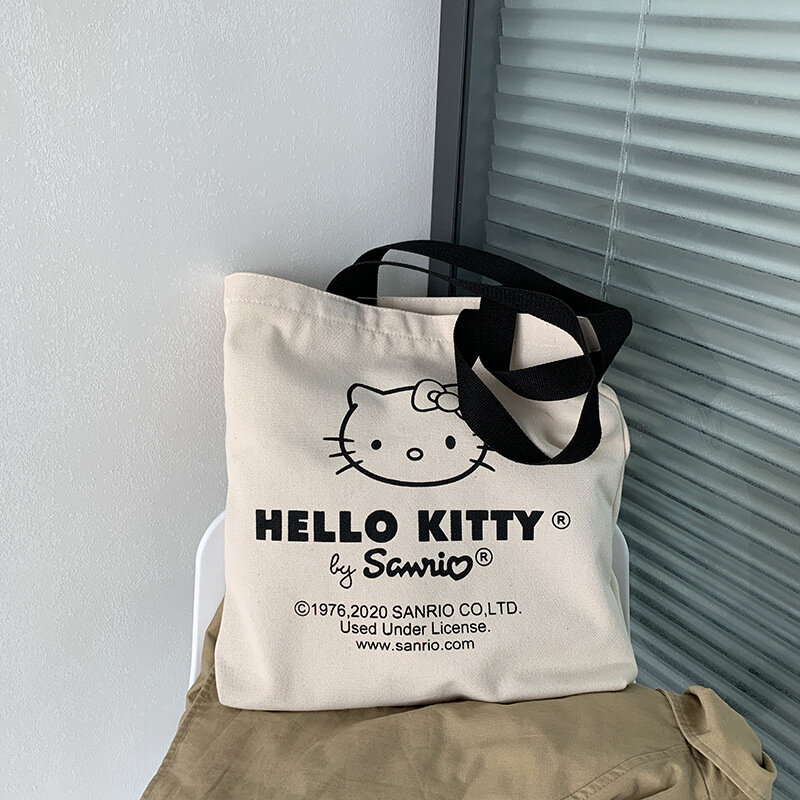 Hello Kitty All Match Retro Canvas Bag Women Commuter Shoulder Handbag Girl Student Large Capacity Cartoon Schoolbag