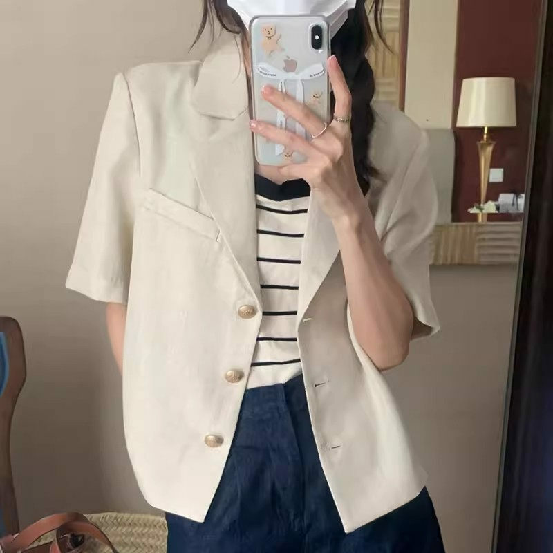 Jaket lengan pendek minimalis wanita, mantel K1492 setelan Blazer minimalis Korea musim panas longgar tiga kancing saku palsu