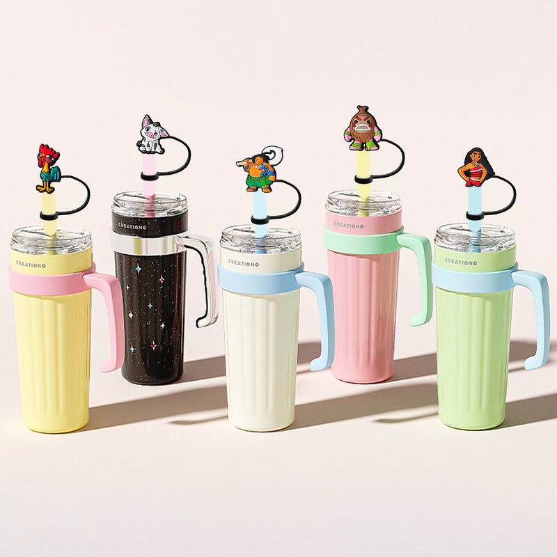 Mainan populer Disney Moana topi penutup sedotan 10MM sumbat sedotan minuman dapat digunakan kembali tahan percikan minum pas cangkir topi jerami liontin