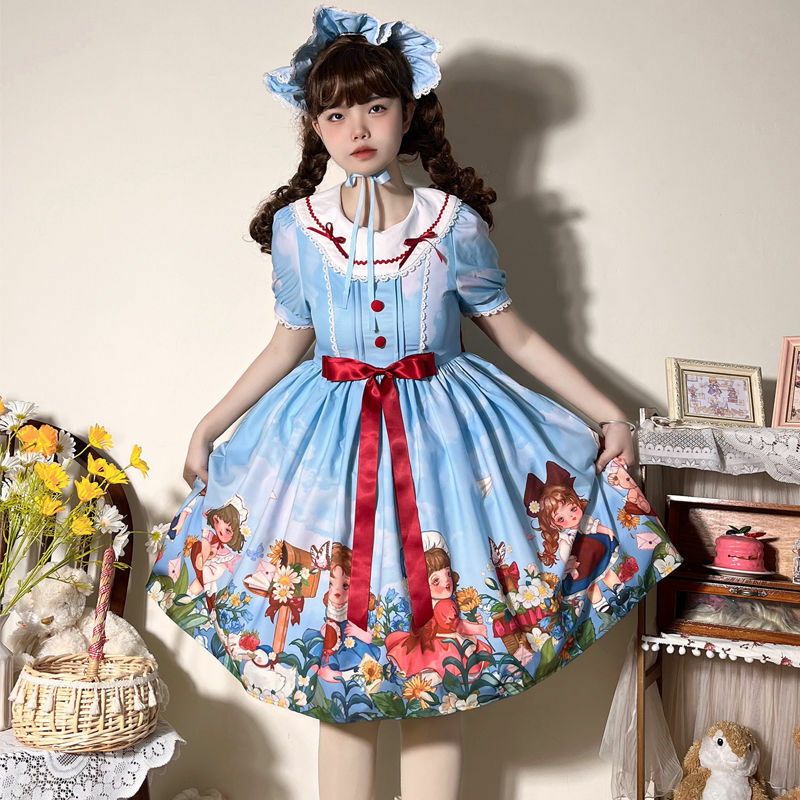 Sweet Lolita Dress for Women Fresh Garden Pastoral Style Lolita Dress Short-sleeved OP Soft Girl Cartoon Printing Dress