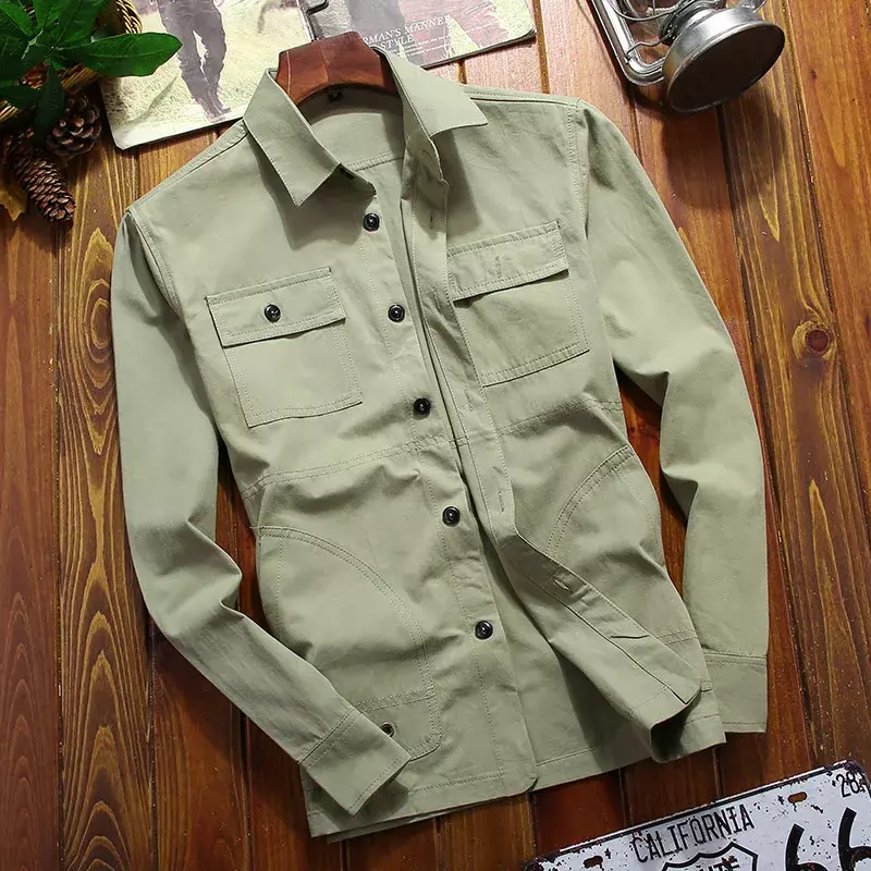 Camisa fina Vintage para hombre, abrigo de manga larga con cuello vuelto, Color sólido, temporada de primavera y otoño, 2024