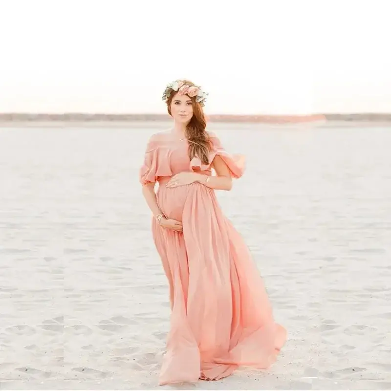 Shoulderless Maternity Photography Props Long Dress Ruffles Pregnancy Dresses Elegence Pregnant Women Maxi Gown For Photo Shoots