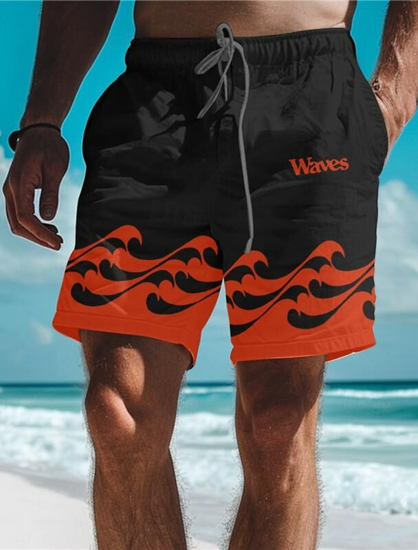 Waves-Short de bain imprimé 3D pour homme, short de bain, taille élastique, style hawaïen, plage, conception de lettres