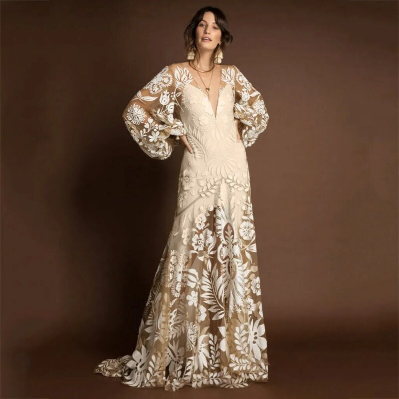 Elegant Boho Dresses For Women Transparent Lace Embroidery Long Sleeve Backless V-Neck Evening Gown Dress Party Dresses Vestidos