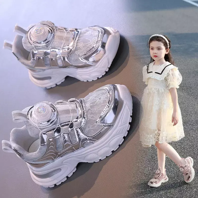 Kids Girls' Shoes Summer Tenis Children Girl Sneakers Breathable Mesh Lightweiht Sole Pink Silver