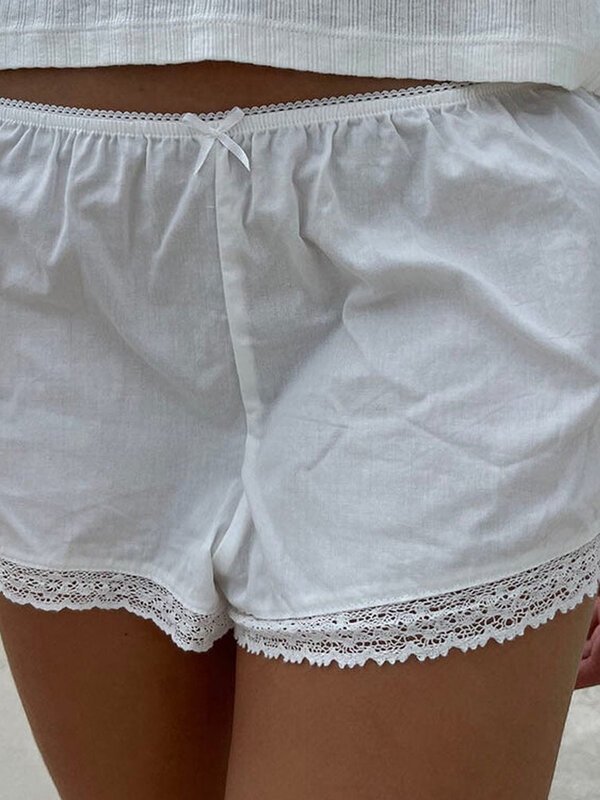 Yoawdats damskie letnie wygodne szorty Y2K w jednolitym kolorze elastyczne koronkowe wykończenie w pasie impreza na plaży krótkie spodnie