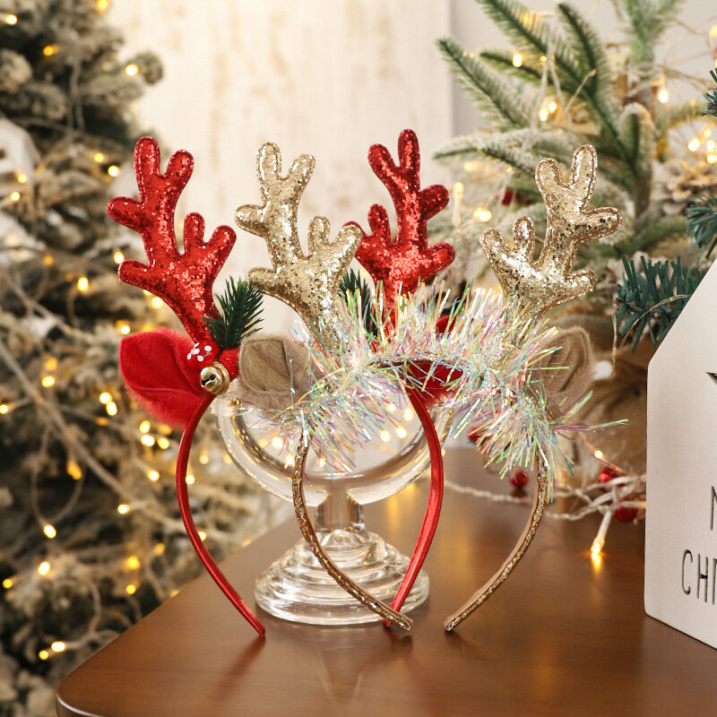 Diademas de Navidad con lentejuelas, cornamenta de alce grande, campana de Navidad, accesorios para fotos, regalo de Feliz Año Nuevo