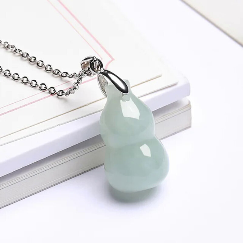 Myanmar A-grade Jade Gourd Pendant Natural Ice Carved S925 Silver Chain Women Exquisite Premium Banquet Wedding Jewelry