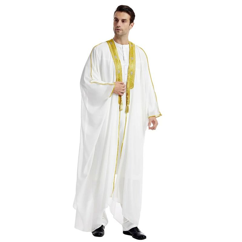 Арабский Тауб кафтан для мужчин, длинный рукав с вышивкой, подвеска, шифон с золотыми бусинами, мусульманин, мужской Тауб