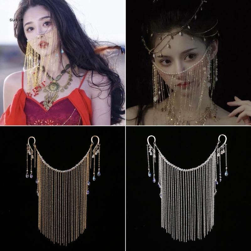 X7YA Maschera da sposa vintage con nappa lunga Accessori antichi Hanfu per donna che scatta foto
