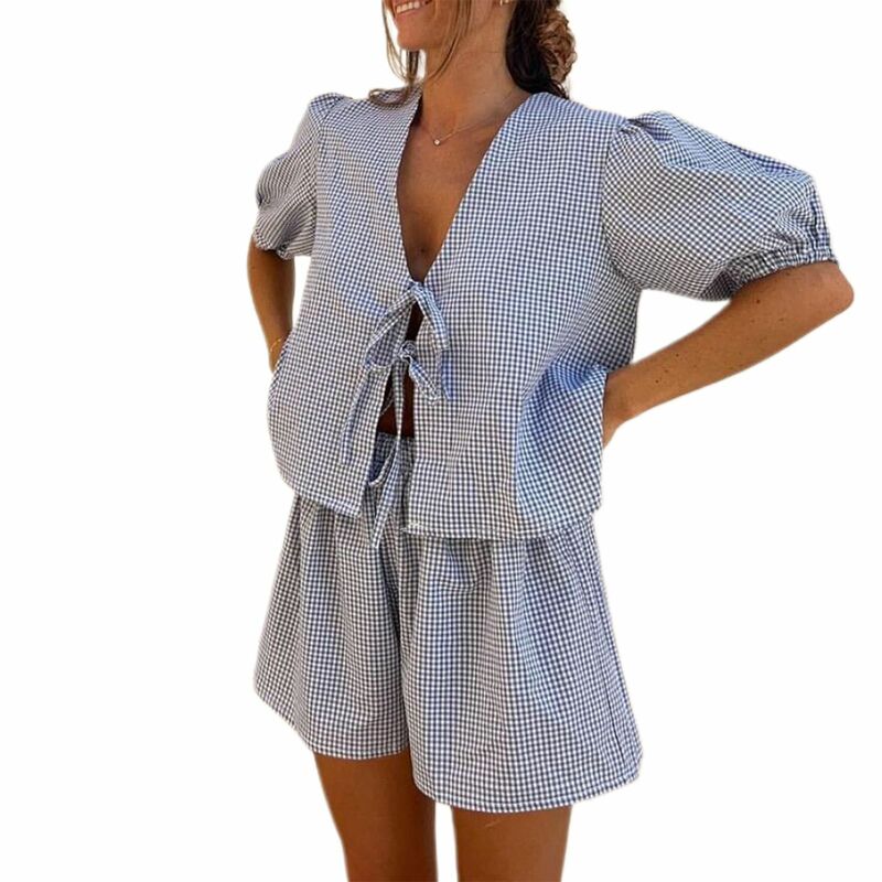 Terno de pijama xadrez casual feminino, tops soltos, roupa de dormir, shorts com renda, loungewear solto, conjuntos 2 pcs, moda