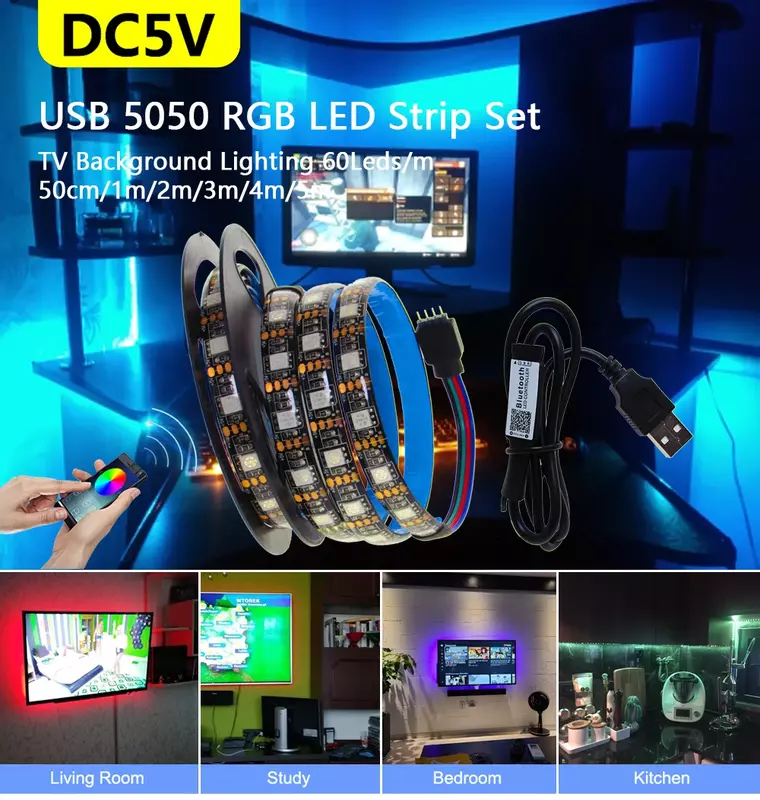 Tira de luces LED con USB, 5V, RGB, resistente al agua, PCB negro, 5050, 0,5 m, 1m, 2m, 3m, 4m, 5m, cinta de luz Led, control remoto de retroiluminación de TV y PC