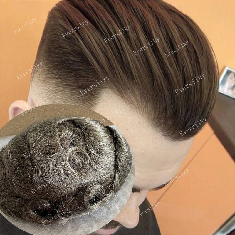 Natural Hairline Mens Toupee Super Durable Skin Full PU System Grey Brown Black Human Hair Wig Microskin Capillary Prosthesis