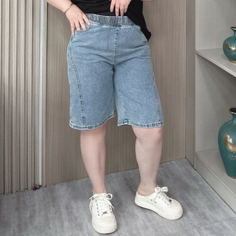 Shorts jeans de cintura alta com elástico feminino, comprimento do joelho, jeans de perna larga, solto, casual, plus size, verão, 2024