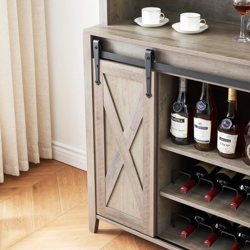 ตู้บาร์พร้อมประตูแผ่นเลื่อนประตู69 "ตู้ไวน์คันทรีพร้อมชั้นวางแก้วและแก้วไวน์ชั้นวางบุฟเฟ่ต์ชั้นเก็บของตู้เก็บ