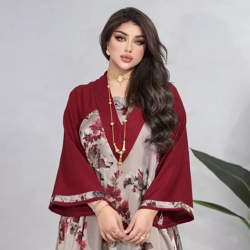 Vestido estampado muçulmano do Sudeste Asiático para mulheres, mangas compridas casuais, roupas de festa