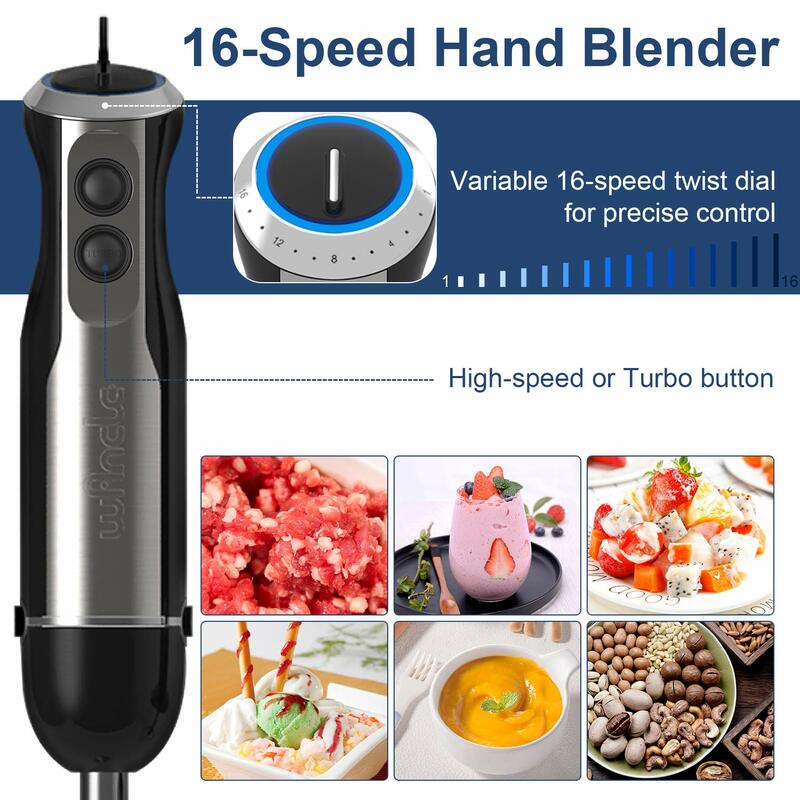 Wancle 1000W Immersion Hand Blender 4 in 1 Powerful Stick Blender Mixer 16 Speeds Adjustable for Protein Shakes Whipped Cream