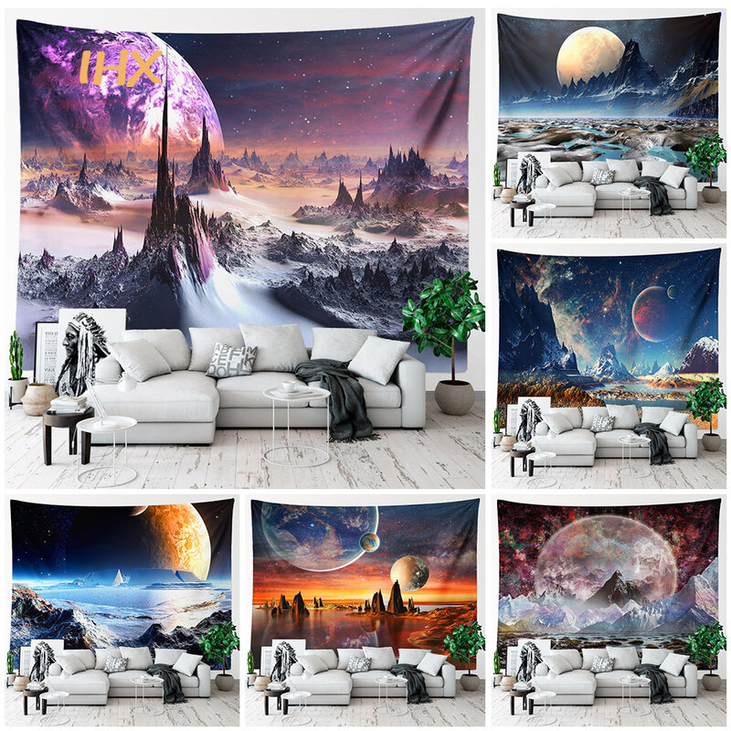 Tenture murale en tissu planètes Hippie, décoration de chambre à coucher psychédélique, espace galaxie, décoration de maison