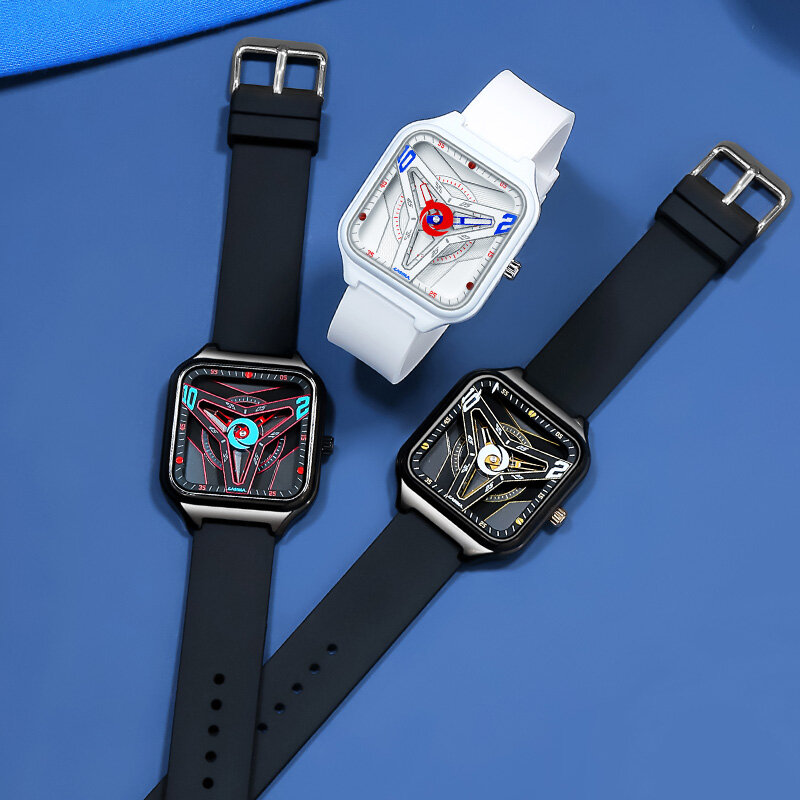 Jam tangan kuarsa untuk pria dan wanita, arloji olahraga modis persegi Dial tali silikon santai gaya kreatif tahan air