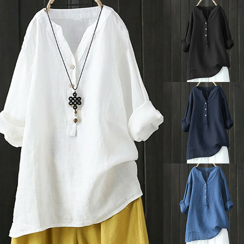 Camisas de pana de gran tamaño para mujer, blusa informal de algodón y lino, de manga larga, con botones, 2023