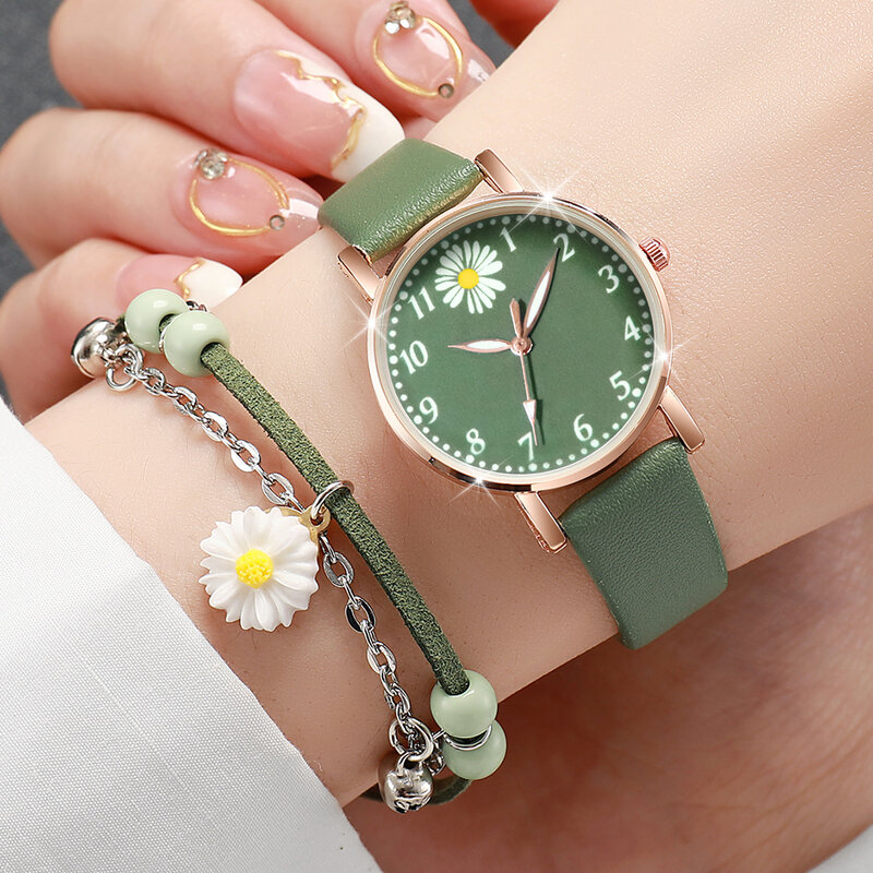 Relógio de quartzo e pulseira para mulheres, pulseira de couro, flor, meninas, moda, 2 peças por conjunto