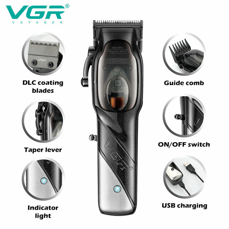Tondeuse à cheveux professionnelle aste sans fil pour hommes, tondeuse à cheveux de salon, moteur magnétique, VGR002, 9000 tr/min