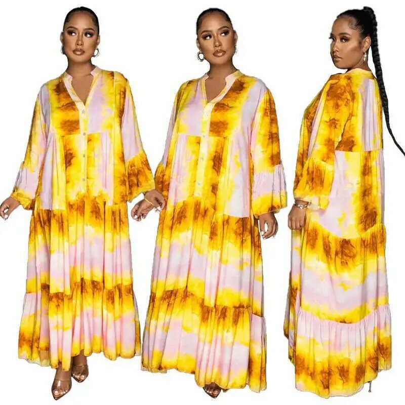 Vestido de poliéster estampado africano para mulheres, manga longa, decote em v, roupas maxi elegantes, primavera e outono
