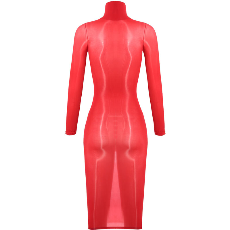 2024 Womens See Through Solid Color Sexy Lingerie Dress Nightwear High Stretchy Long Sleeve Or Sleeveless Glossy Bodycon Dresses