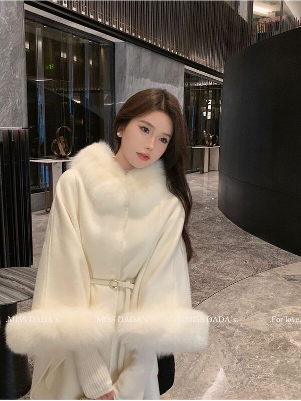 3 Colors Women Fox Fur Collar Batwing Sleeves Loose Long Ribbon Coat Winter Warm New Fashion Cloak 80% Woolen Poncho Streetwear