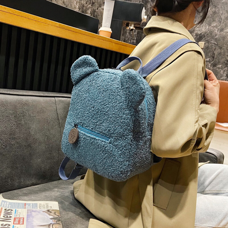 Cute Bear Ear Fleece Mochila pequena, mochila de lambswool quente casual para meninas, mochila, mochila para viagens, compras