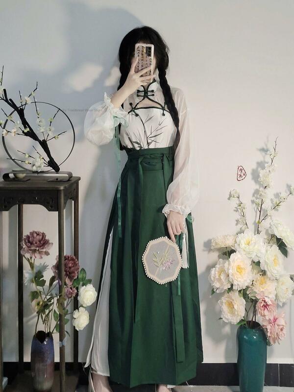 2023 전통 중국 루쿤 한푸 꽃 빈티지 한푸 드레스, 고대 공주 개선 쉬폰 드레스 한푸 드레스 세트