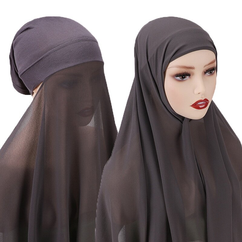 Instant Hijab with Cap Heavy Chiffon Jersey Hijab for Women Veil Muslim Fashion Islam Hijab Cap Scarf for Muslim Women Headscarf