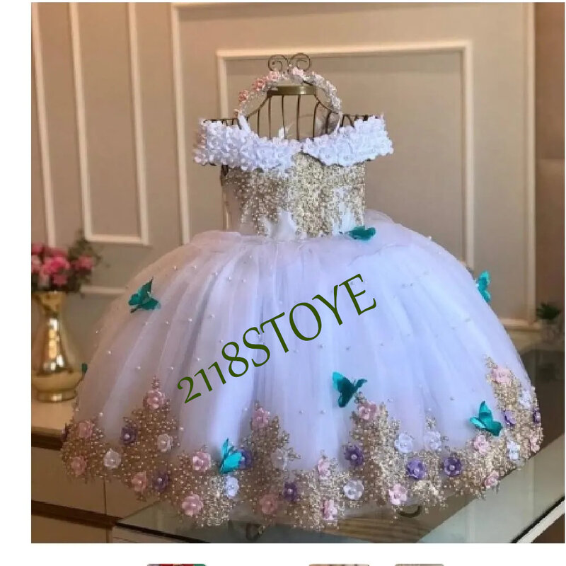 Flower Girl Dress Baby Off spalla perle pizzo farfalle Infant First Birthday Party Gown comunione Princess Dress