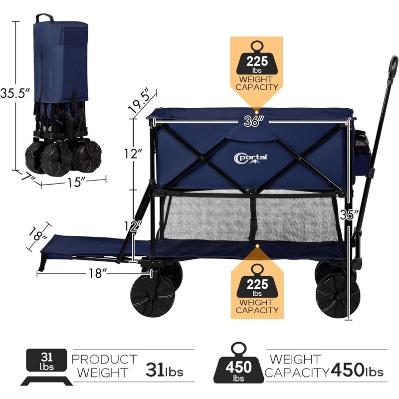 PORTAL Collapsible Double Decker Wagon, Folding Wagon Cart with Tailgate, Beach Wagon with Big Wheels, 450LB Heavy Duty