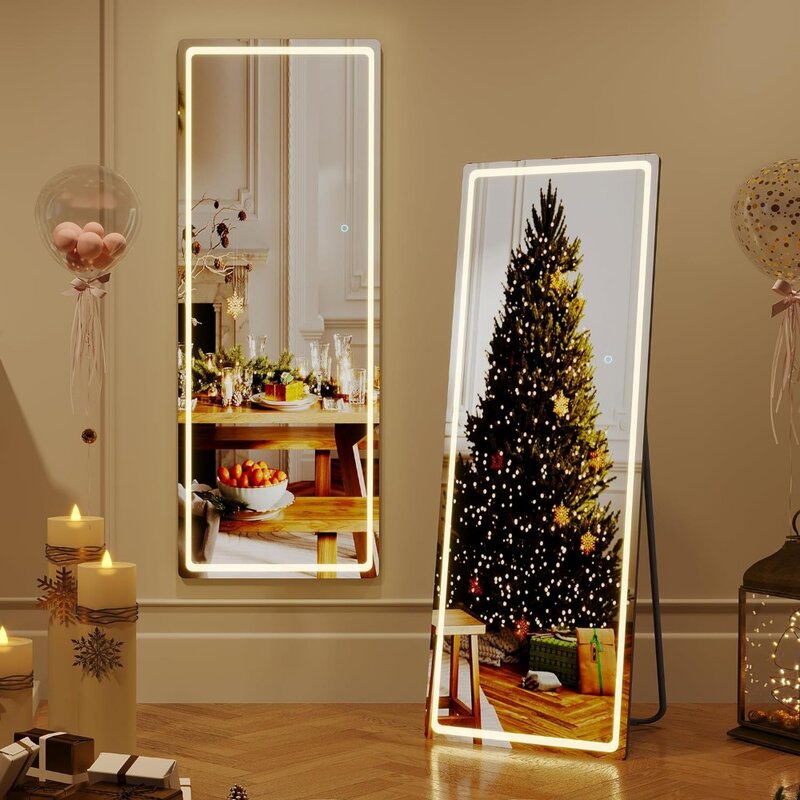 Miroir sur pied indépendant sur pied, miroir pleine longueur, éclairage LED 3 couleurs, cadre noir à luminosité réglable, 63 po x 20 po