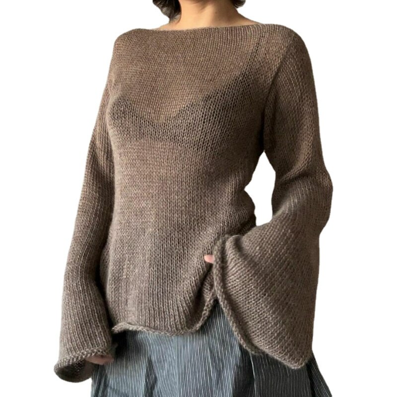 Jesienny Temperament damski rozkloszowany rękaw dzianinowy top sznurowany seksowny sweter z wiązaniem na szyi solidny kolor sweter cienki