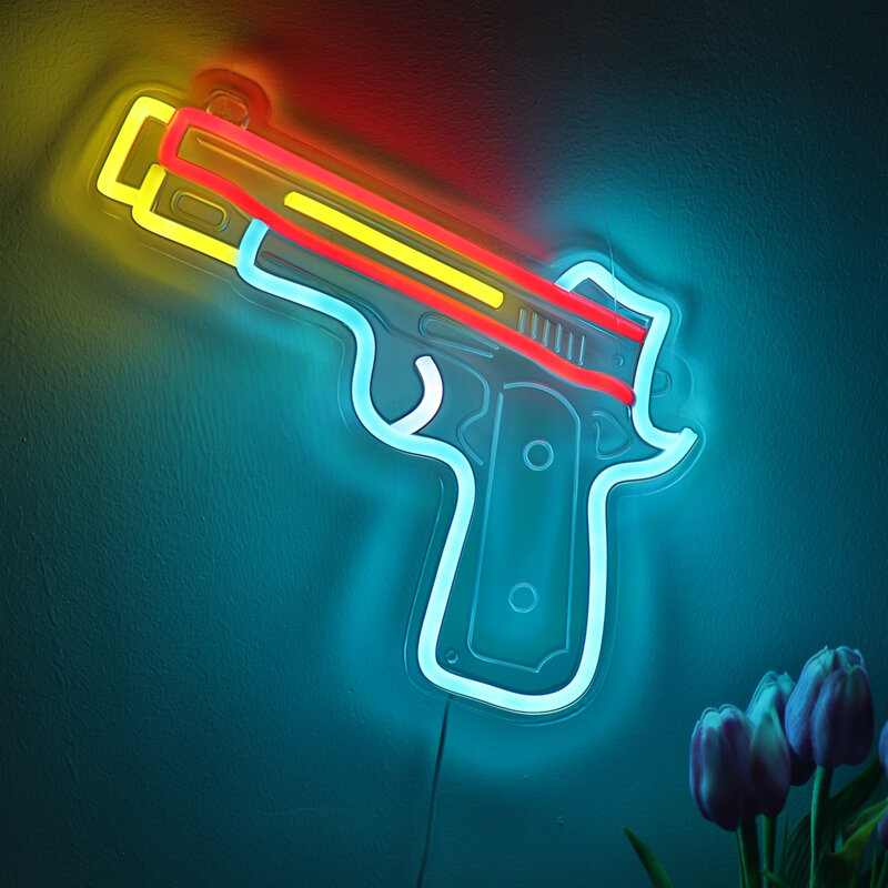 ไฟรูปปืนพกไฟ LED ติดผนังรูปปืนพก1ชิ้นป้ายศิลปะนีออนสำหรับผับคลับปาร์ตี้งานตกแต่ง11.81 ''* 8.85''