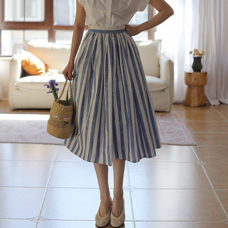 Faldas largas de alta calidad para mujer, faldas de estilo Hepburn a rayas azules, Vintage, cintura alta, elegante, elegante, acampanado, gran columpio, nuevo