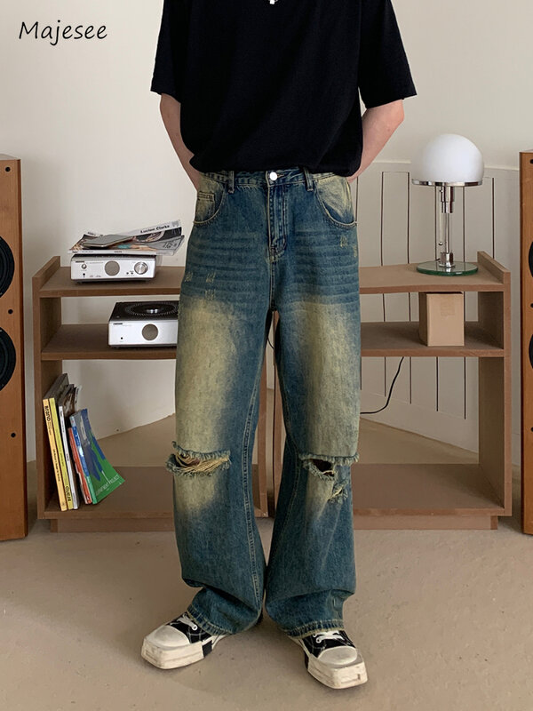 Jeans reto solto masculino, cintura alta, lavado com tudo que combina, desfiado vintage, estilo japonês, Harajuku slouchy, bonito, primavera, verão