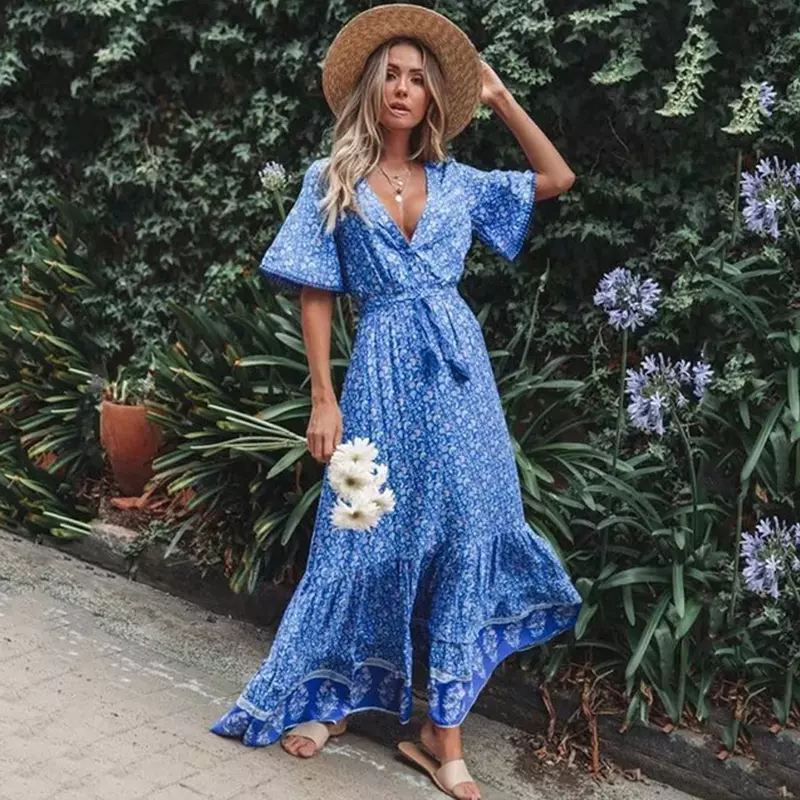 Gaun untuk wanita rayon motif Floral biru gaun musim panas boho v-ncek seksi gaun panjang Hippie longgar Vestidos