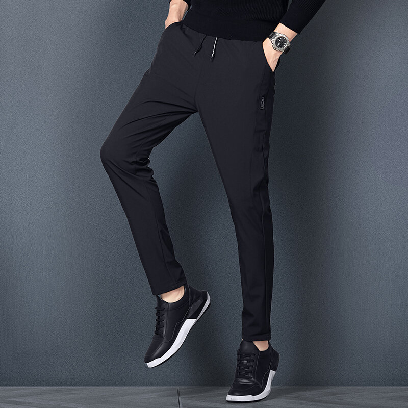 Базовые Спортивные однотонные брюки, летняя прямая Мужская одежда, деловая Повседневная Эластичная Шикарная модель со средней талией