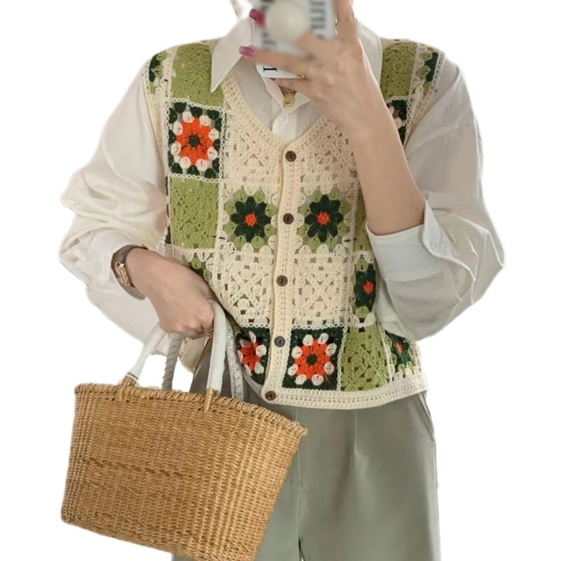 Rompi Boho Floral Crochet Waistcoat Hollow Out All-Match Tank Top Kasual Gaya Perancis Camis Vest untuk Wanita Gadis Wanita