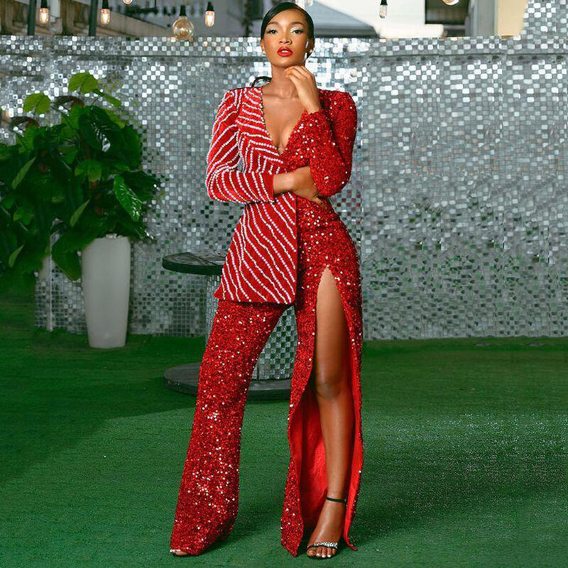 (Jacket +Pants)Red Luxury Sequined Business Suit For Lady Aso Ebi Arabic Long Sleeves V Neck African Beaded Suits Plus Size