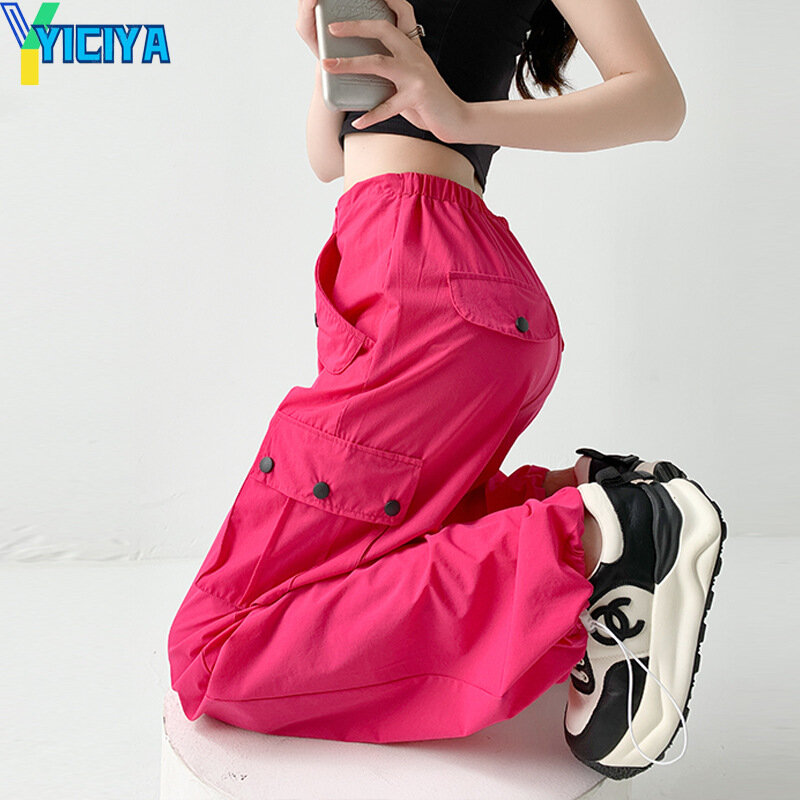 Yiciya กางเกงทรงตรงสไตล์ Y2K สำหรับผู้หญิง, กางเกงร่มชูชีพกางเกงทรงตรงยาวเต็มตัวกางเกงไฮสตรีทสำหรับใส่ได้ทั้งชายและหญิงชุดใหม่ลำลอง