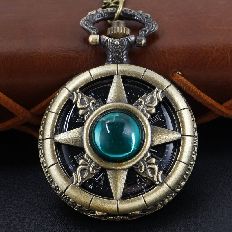 Green Gem Hollow Magic Star Embossed Quartz Pocket Watch Vintage Dial with Chain Necklace Pendant Jewelry Clock Festival Gift
